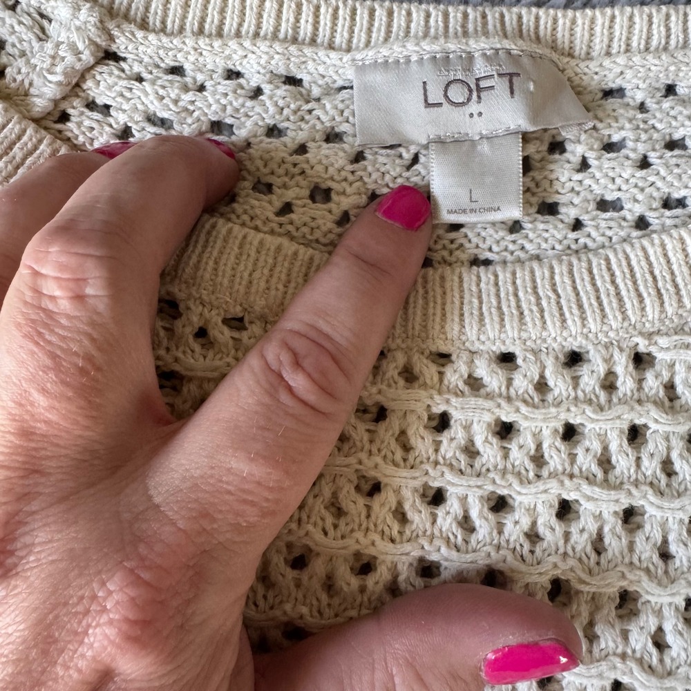 LOFT Women Cream Ivory Open Knit Crochet Sweater 3/4 Sleeve Crew Neck Large Flaw - Picture 5 of 9